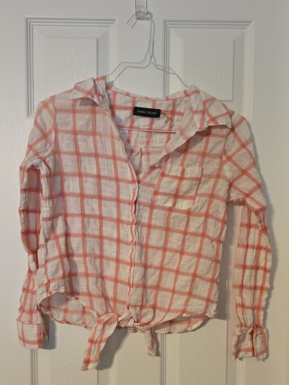 Ivanka Trump White and Coral Check Tie-Front Button Shirt